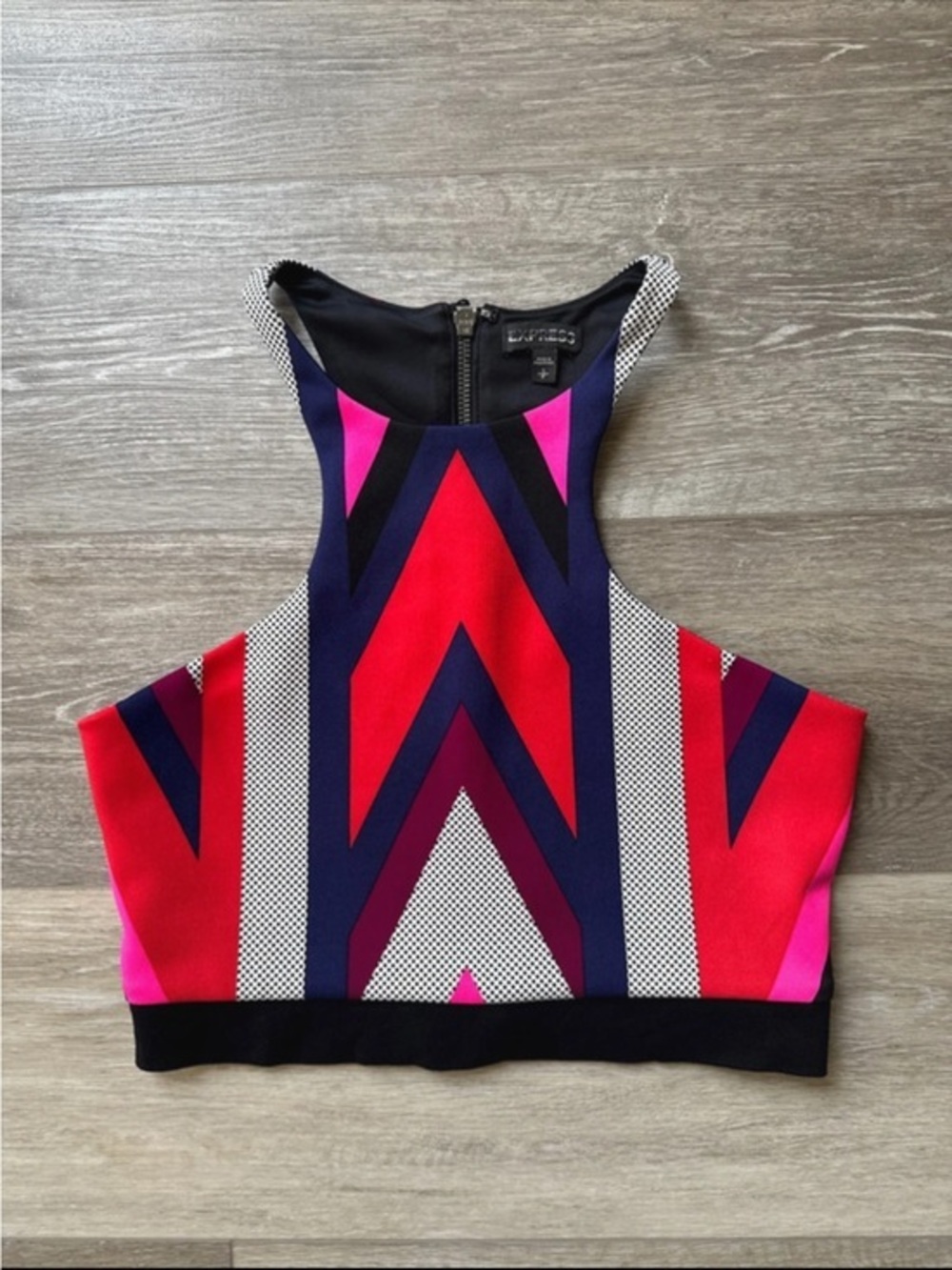 Express Colorblock Chevron High-Neck Crop Top in Red, Pink & Blue